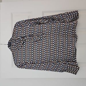 Zara Geometric Print Tie Neck Button Back Long Sleeve Blouse Top XS